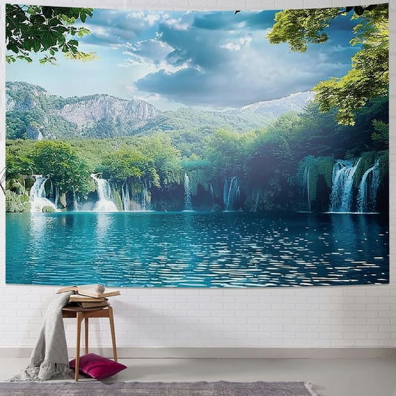 PRATYUS  Rustic Tapestry, Lake in Deep Forest Fed by Several Waterfalls in Summer Idyllic View Print, Wide Wall Hanging for Bedroom Living Room Dorm,  Painting