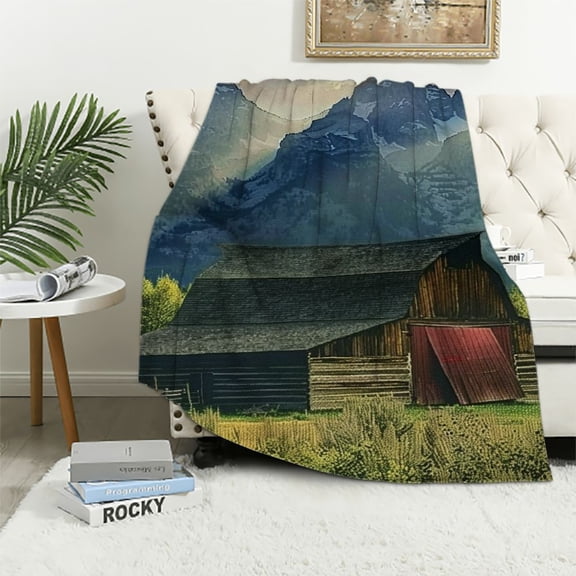 PRATYUS Rustic Throw Blanket, Moulton Barn and Teton Mountain Range in Grand Teton National Park Wyoming, Flannel Accent Piece Soft Couch Cover for Adults, Brown Green 40x50in