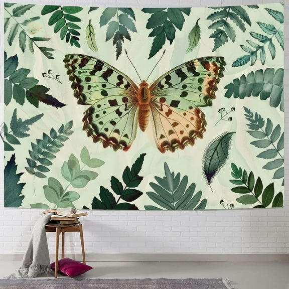 PRATYUS  Sage Green Butterfly Leaf Wall Tapestry Boho Green Butterfly and Leaves on Beige Background Tapestry Aesthetic Nature Plant Wall Tapestry for Bedroom Living Room Girl Dorm Multi Size Painting