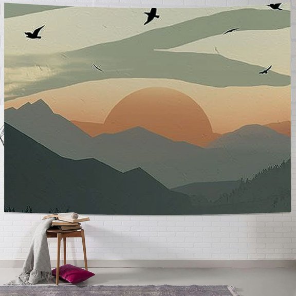 PRATYUS Sage Green Mountain Tapestry for Bedroom, Boho Abstract Sun Landscape Wall Hanging, Mid Century Sunset Tapestry Minimalist Aesthetic Decor for Living Room College Dorm Painting