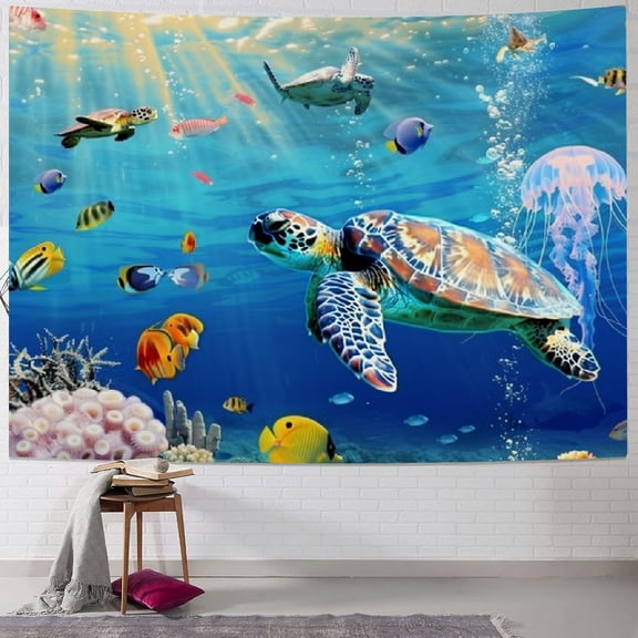 PRATYUS Sea Turtle Tapestry Tropical Fish Jellyfish and Coral Reef Under Blue Sea Wall Hanging Blanket Ocean Tapestries for Bedroom Living Room Dorm Decor 40x30inch