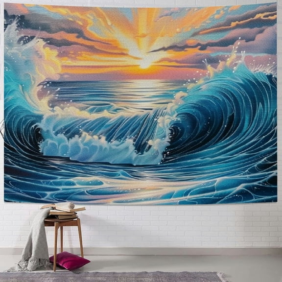 PRATYUS Sea Wave Sunset Tapestry Wall Hanging, Anime Ocean Wave Fashion Theme Blue Surf Indie Wall Tapestries Room Decor, Wall Art Hanging Tapestry Living Room Dorm Bedroom Painting