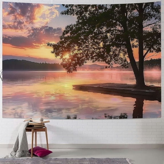 PRATYUS Seascape Tapestry, Shore of Seventh Lake Tree Sunbeam at Sunset Water Reflection Tranquility, Wide Wall Hanging for Bedroom Living Room Dorm Painting