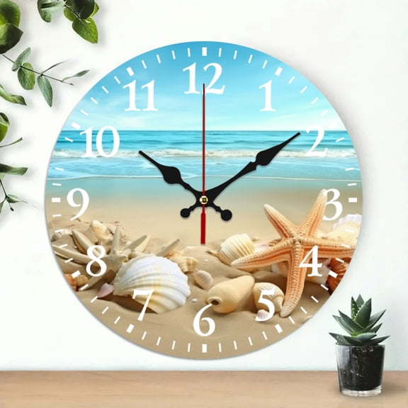 PRATYUS Seashell Starfish Sandy Beach Wall Clock 10 Inch Frameless Decor 10x10in