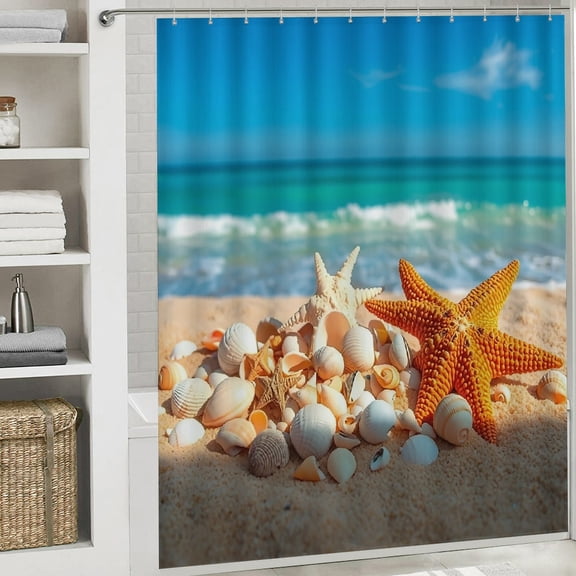 PRATYUS Seashell Starfish Sandy Beach Waterproof Shower Curtain 70.8x70.8 Inches for Home Bathrooms White