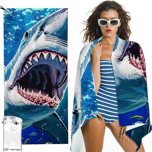 PRATYUS  Shark Beach Towel, Cool Ocean Fishes Microfiber Bath Towel Shark Gifts for Shark Lovers Kids Boys, Blue Sea Sand Free Quick Dry 27.5x55in