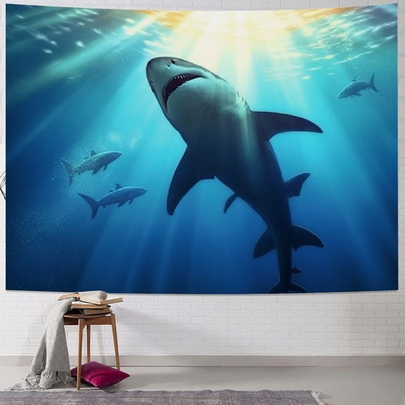 PRATYUS Shark Tapestry, Underwater World Fish Silhouettes Circling in the Sea Surreal Ocean Life Print, Wide Wall Hanging for Bedroom Living Room Dorm 50x40inch