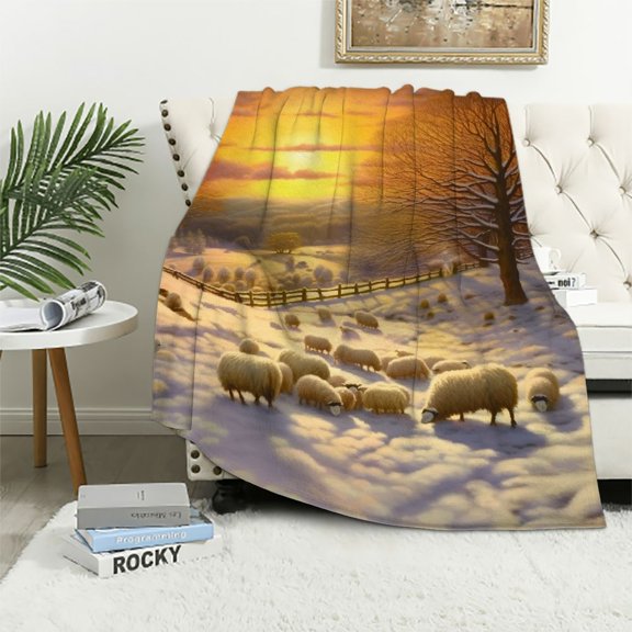 PRATYUS Sheep Sunset Flannel Throw Blanket for Couch Sofa Bed Office Decor All Seasons Long-Lasting Lightweight Anti-Wrinkle 40x50in