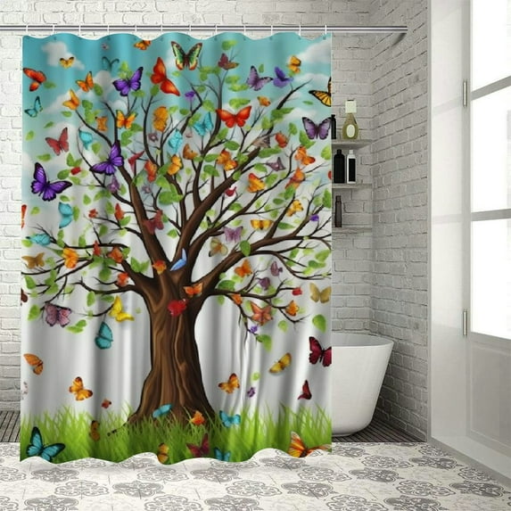 PRATYUS Shower Curtain, Tree Shower Curtains for Bathroom, White Fabric Shower Curtain Colorful Floral Leaves Butterfly Shower Curtain, Bathroom Shower Curtain Liner with Hooks 36x72