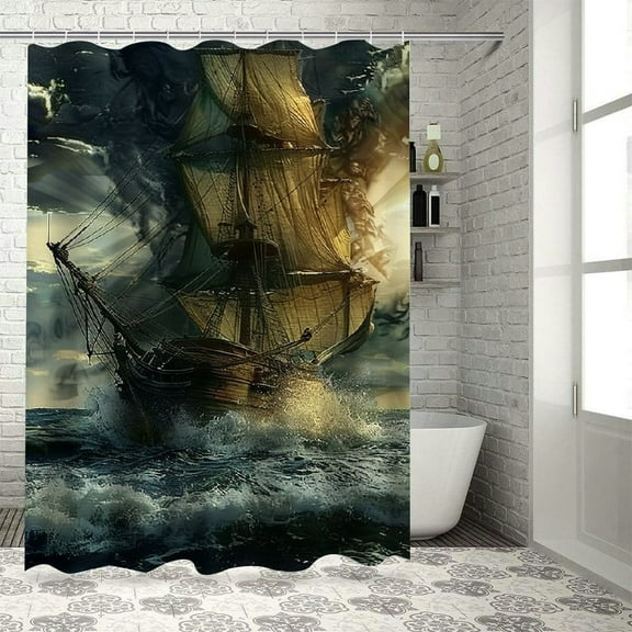 PRATYUS Shower Curtains, Nautical Pirate Ship Ocean Sailboat Sailing Sea Adventure Cloudy Sky Vintage Seascape Coastal Bath Curtain Polyester Fabric for Bathroom Curtain Set with Hooks 69x72