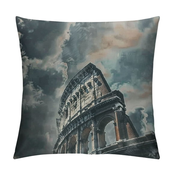 PRATYUS Sketchy Throw Pillow Cushion Cover, Historical Ruins Colosseum Artwork Italy Rome Antique Cultural Inspiration, Decorative Square Accent Pillow Case 24x24in