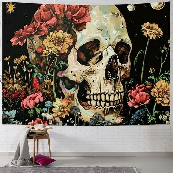PRATYUS Skull Floral Tapestry, Mushroom Skeleton Goth Garden Aesthetic Tapestries for Bedroom Painting
