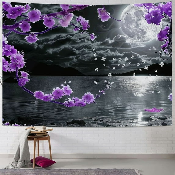PRATYUS Small Full Moon Over Ocean Tapestry Wall Hanging, Purple Japanese Cherry Blossom Wall Tapestry, Fantasy Asian Scenery Tapestry for Bedroom Living Room Dorm Home Decor, Multi Size Painting