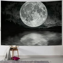 PRATYUS Small Full Moon Over Ocean Tapestry Wall Hanging, Starry Night Sky Wall Tapestry, 3D Fantasy Black and White Large Moon Wall Art for Bedroom Living Room Dorm Home Decor Painting