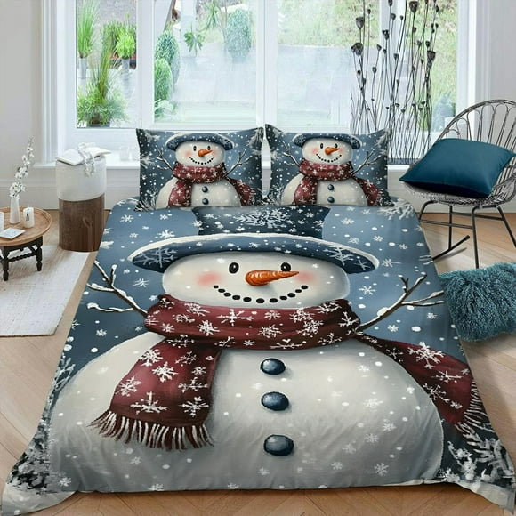 PRATYUS Snowman 3-Piece Bedding Set for Adults Modern Room Decor Comfortable and Breathable, Christmas Theme Peach Skin Velvet Bedroom and Guest Room Set 87x68in