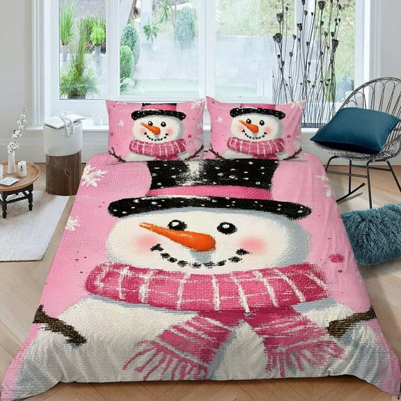 PRATYUS Snowman 3-Piece Bedding Set Modern Soft Microfiber Bedroom Decor for Women Men, Easy to Clean, Christmas Peach Skin Velvet Theme 87x68in