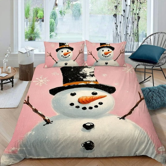 PRATYUS Snowman 3-Piece Bedding Set Modern Soft Microfiber Lightweight Decor for Bedroom Room, Peach Skin Velvet, Christmas Theme 87x68in