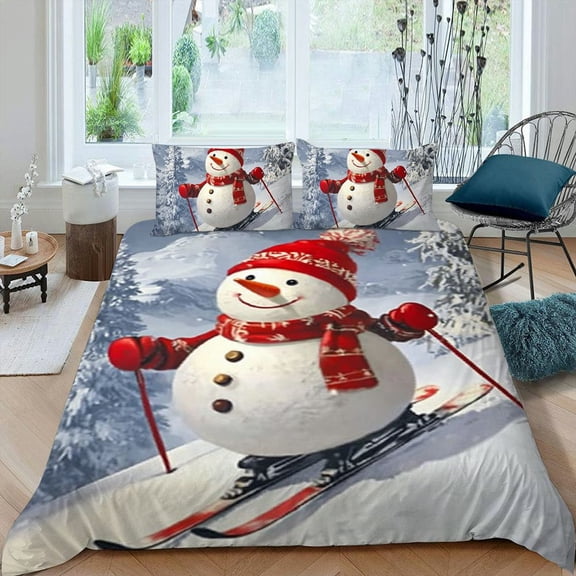PRATYUS Snowman Skiing Snowy Hill 3-Piece Bedding Set Modern Soft Bedroom Decor Comfortable Breathable Christmas Peach Skin Velvet Room Decor for All Ages 87x68in