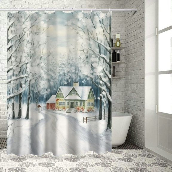 PRATYUS Snowy Road House Trees Shower Curtains with Hooks for Chic Modern Bathroom Decor Waterproof Bathroom Curtain Decoration 36"x72