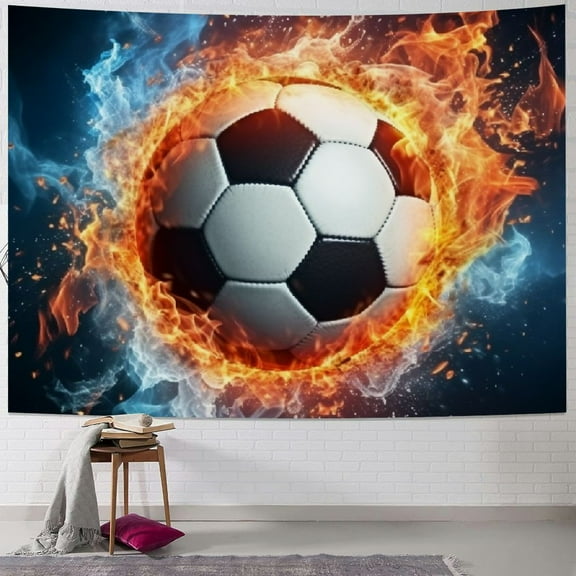 PRATYUS Soccer Ball In Fire And Water Tapestry Wall Hanging Decor For Bedroom Living Room Dorm 40x30inch