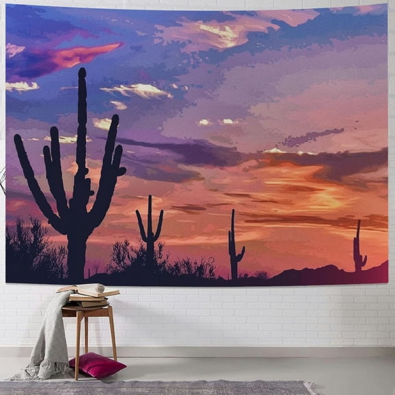 PRATYUS Southwest Desert Vintage Tapestry, Arizona Saguaro Cactus Southwestern Sunset Picnic Mat Hippie Trippy Tapestry Wall Art Decor for Bedroom Living Room, Pink Blue Red 60x50inch