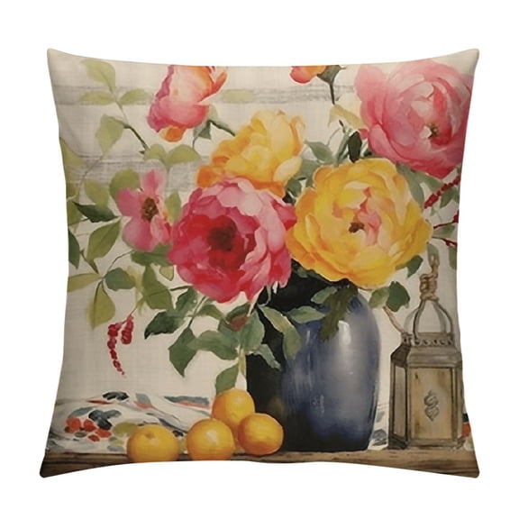 PRATYUS Spring Summer Yellow Flower Lumbar Decorative Throw Pillow Cover, Rose Peony Floral Mason Jar Outdoor Home Decor, Bloom Seasonal Couch Cushion Case 12x12in