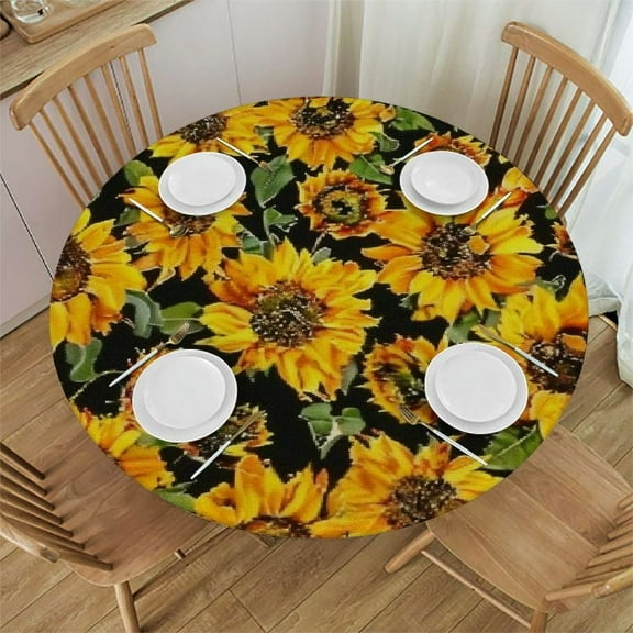 PRATYUS Spring Sunflower Tablecloth Round Ruitic Yellow Floral Table Cloth Waterproof Fabric Farmhouse Sun Flower Tablecloths Decorative for Holiday Home Party Wedding Picnic 31-35
