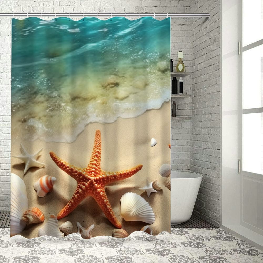 PRATYUS Starfish Shells Beach Shower Curtain Waterproof Bath Curtain Set Modern Bathroom Decor with Hooks 69"x72