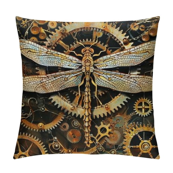 PRATYUS Steampunk Style Double Sides Print Pillow Cover,Gold Gears Print Pillowcase Soft Square Cushion Case ,Dragonfly Throw Pillow Covers for Living Room Decor 24x24in