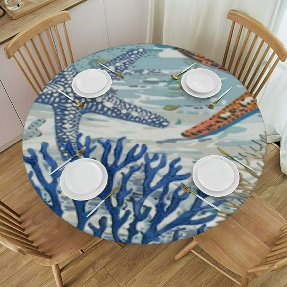 PRATYUS Summer Coastal Tablecloth Round Blue Nautical Coral Starfish Table Cloth Farmhouse Polyester Tropical Beach Circle Table Clothes Holiday Home Party Picnic Decor White