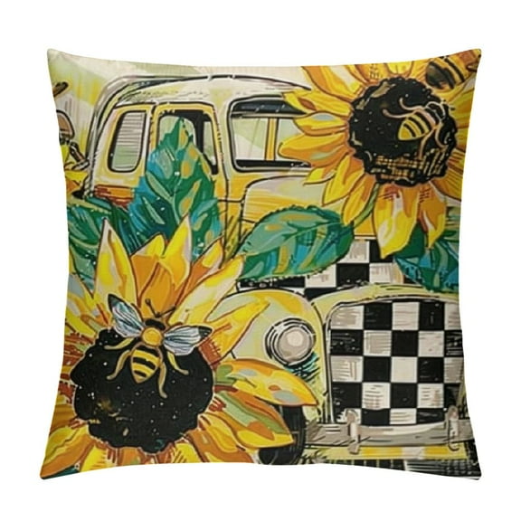 PRATYUS Summer Hello Sunshine Bee Truck Buffalo Plaid Throw Pillow Covers, Summer Cushion Case for Sofa Couch 18x18in