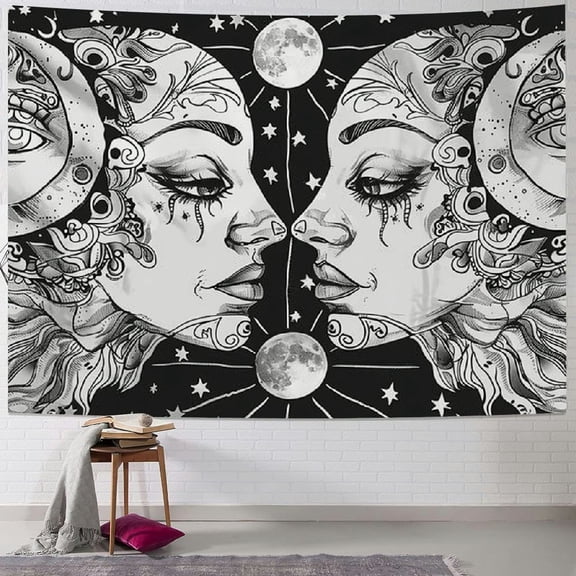 PRATYUS Sun and Moon Tapestry, Sun with Stars Psychedelic Popular Mystic Wall Hanging Tapestry for bedroom aesthetic Black and White Beach Blanket Painting
