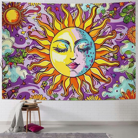 PRATYUS  Sun and Moon Tapestry Trippy Floral Tapestry Hippie Eyes Flower Plants Wall Tapestry Aesthetic Tapestry Wall Hanging for Room (Multi Size) Painting