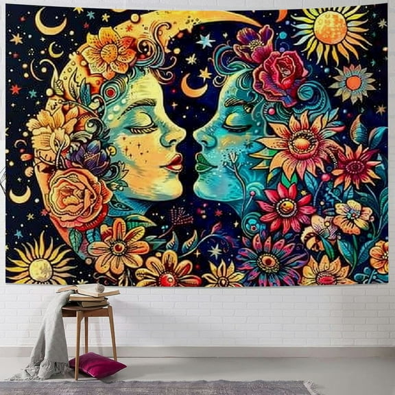 PRATYUS Sun and Moon Tapestry Trippy Flower Tapestry Floral Plant Tapestry Vintage Aesthetic Star Background Tapestry Mystic Starry Night Sky Tapestry Wall Hanging for Bedroom Decor 40x60inch