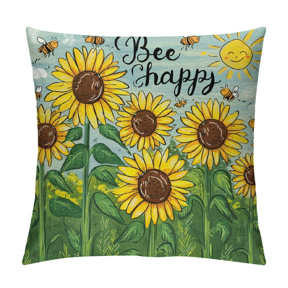 PRATYUS Sunflower Pillow Covers , Bee Happy Sunflower Decor Summer