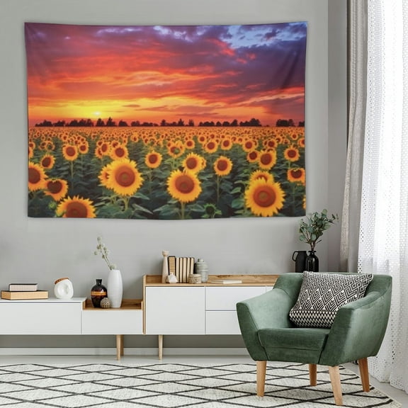 PRATYUS Sunflower Tapestry, Field of Sunflowers Sunset Dramatic Sky Clouds Scenic Picture, Fabric Wall Hanging Decor for Bedroom Living Room Dorm,60x40 Inch, Fern Green Sky Blue 60x40in