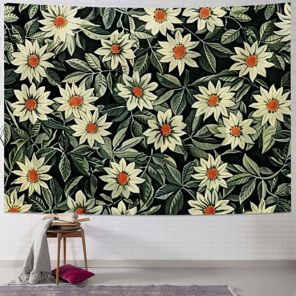 PRATYUS Sunflower Tapestry Twin Size, Abstract Nature Inspired Illustration Bouquet Retro Composition, Wall Hanging Bedspread Bed Cover Wall Decor, Twin Size, Yellow Green 40x30inch