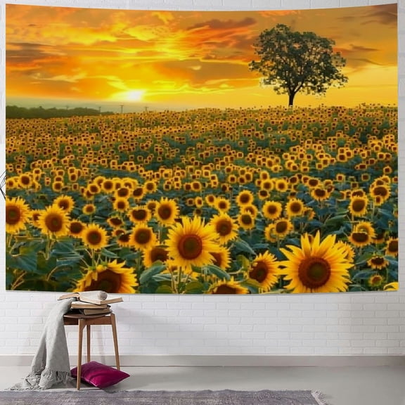 PRATYUS Sunflower Tapestry Wall Hanging Sunset Sunflowers Field Tapestry Golden Yellow Sunflowers Tapestries Warm Yellow Floral Plant Tapestry For Living Room Dorm Decor Painting