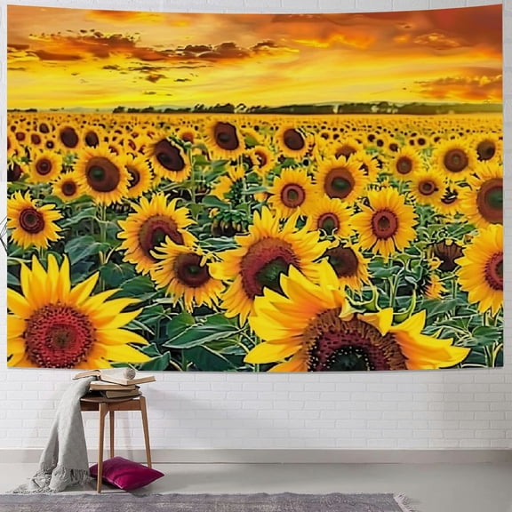 PRATYUS Sunflower Tapestry Wall Hanging Sunset Sunflowers Field Wall Art Golden Yellow Sunflowers Tapestries Warm Yellow Floral Plant For Living Room Dorm Decor Painting
