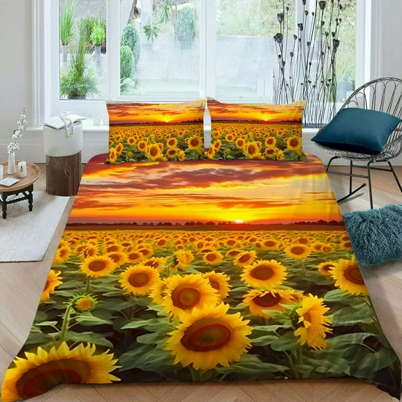 PRATYUS Sunflowers 3-Piece Bedding Set with Zipper Closure, Single Sided Printing, Peach Skin Velvet, Bedroom; Guest Room 87x68in