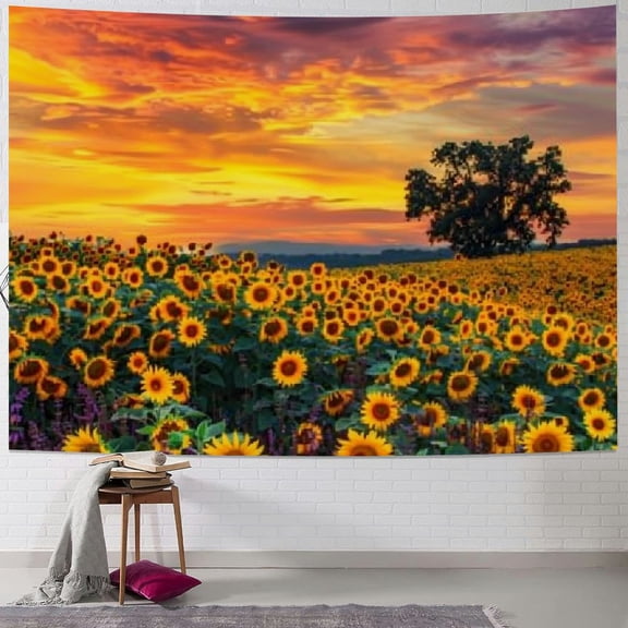 PRATYUS Sunflowers Field Tapestry Wall Hanging, Sunset Sunflowers Yellow Golden Floral Plant Wall Tapestries, Warm Yellow Flowers Aesthetic Bedroom Wall Art Home Decor Living Room Dorm Painting