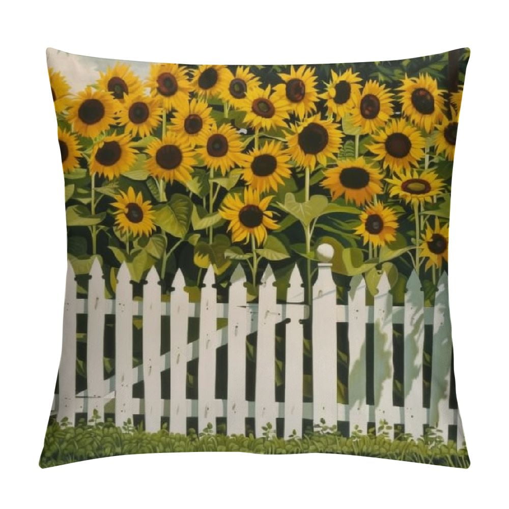 PRATYUS Sunflowers White Picket Fence Print Throw Pillow Covers Fashion