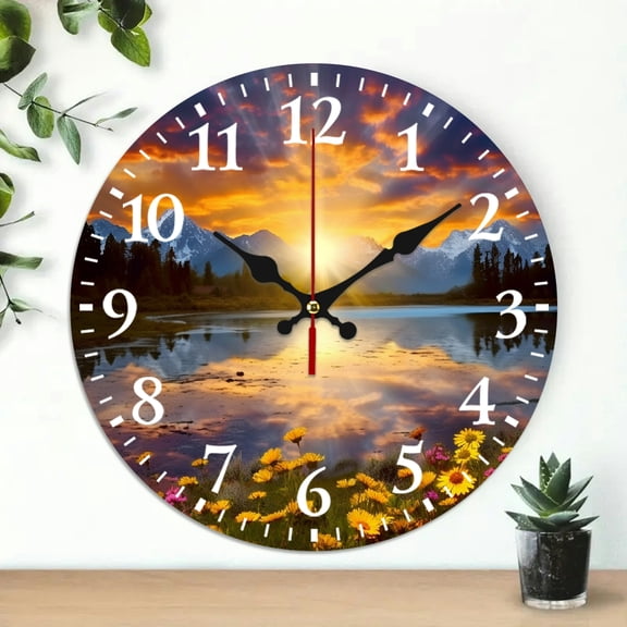 PRATYUS Sunset Lake Flowers Print Wall Clock 10 Inch Battery Operated 10x10in