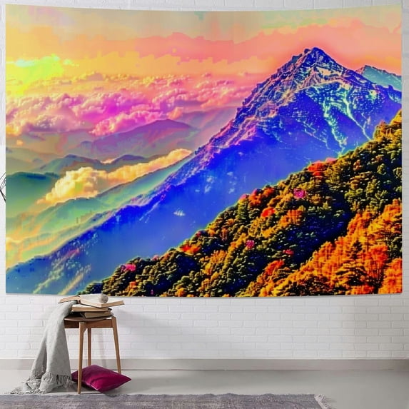 PRATYUS Sunset Mountain Tapestry Forest Tree Nature Landscape Tapestry Colorful Sunrise Tapestry Psychedelic Wall Hanging Headboard Tapestry for Bedroom Living Room Home Decor Painting