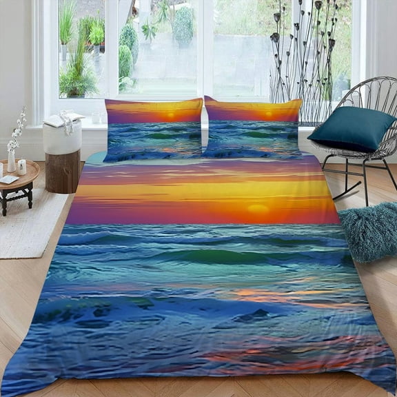 PRATYUS Sunset Ocean Waves Boat 3-Piece Bedding Set Lightweight and Soft Peach Skin Velvet Bedroom Guest Room 87x68in