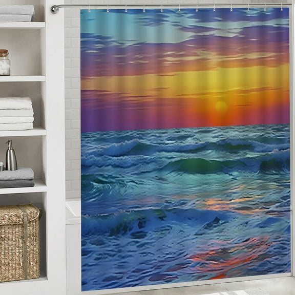 PRATYUS Sunset Ocean Waves Boat Waterproof Printed Shower Curtain for Home Bathrooms 70.8x70.8 Inches White