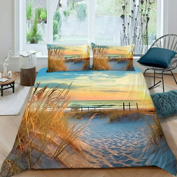 PRATYUS Sunset Sea Oats Beach 3-Piece Bedding Set - Peach Skin Velvet - Bedroom; Guest Room Decor - Zipper Closure - Modern Print 87x68in