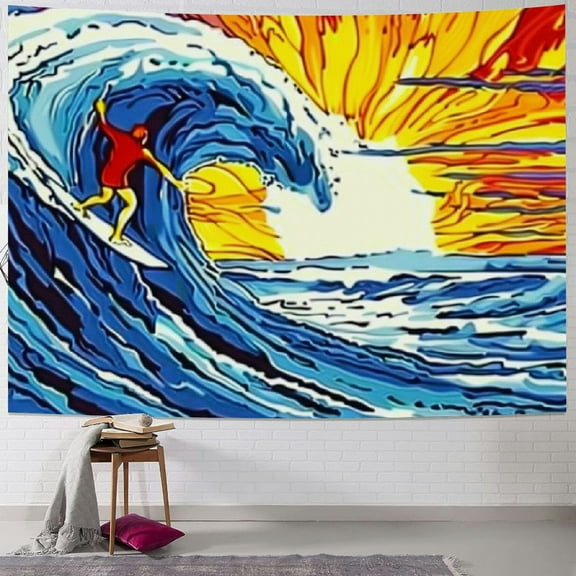 PRATYUS Sunset Surfer Ocean Wave Surf Tapestry Wall Hanging Huge for Bedroom Living Room Dorm Wall Decor,Colorful Painting
