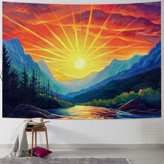 PRATYUS Sunset Tapestry Rustic Wall Art Mountain Woodland Retro Nature Sunrise Scenic Pine Tree Lake Colorful Country Landscape Wall Hanging Bedroom Living Room Dorm Decor Painting