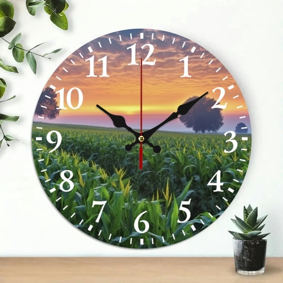 PRATYUS Sunset Trees Corn Field Wall Clock Silent Mechanical 10 Inch 10x10in